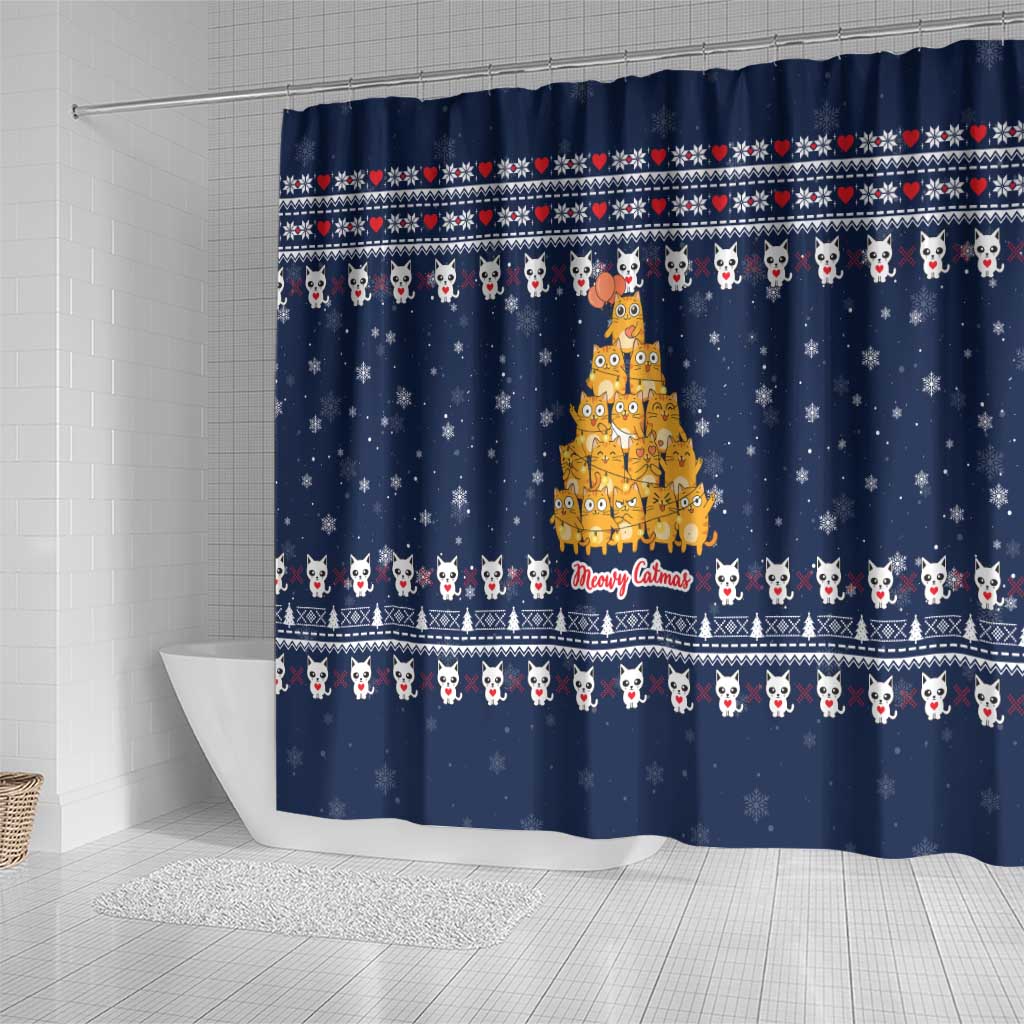 Meowy Catmas Shower Curtain with Orange Cats Christmas Tree and Snowflake Pattern Design - Wonder Print Shop