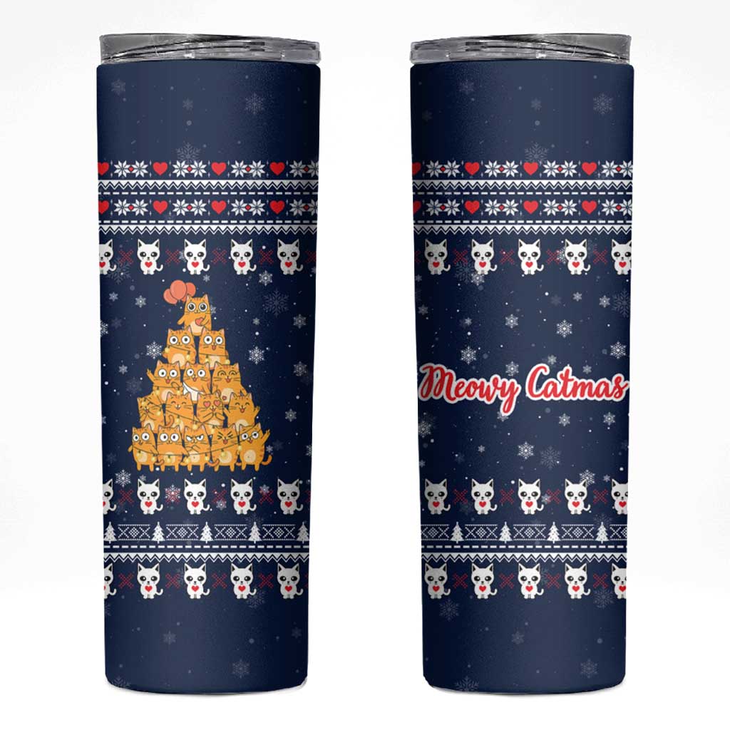 Meowy Catmas Skinny Tumbler with Orange Cats Christmas Tree and Snowflake Pattern Design - Wonder Print Shop
