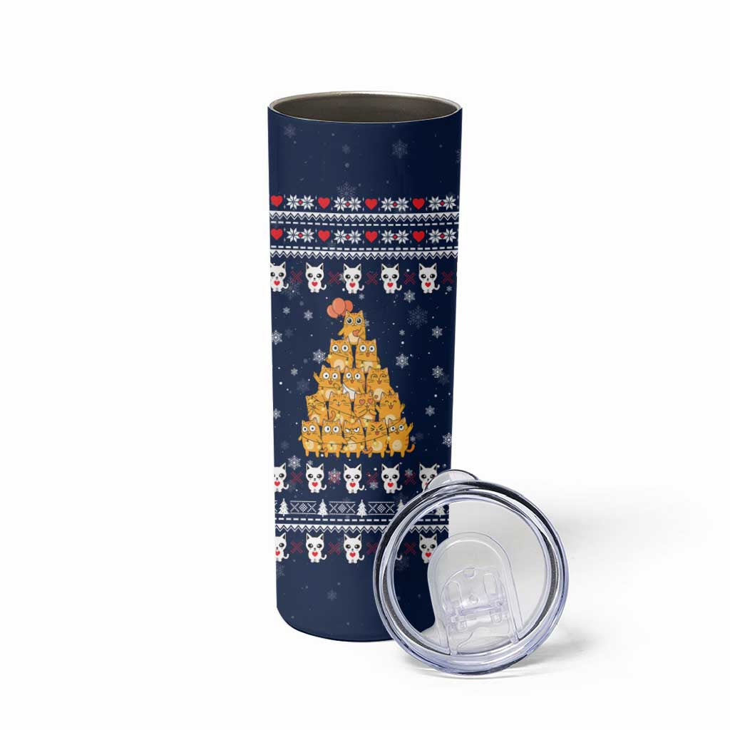 Meowy Catmas Skinny Tumbler with Orange Cats Christmas Tree and Snowflake Pattern Design - Wonder Print Shop