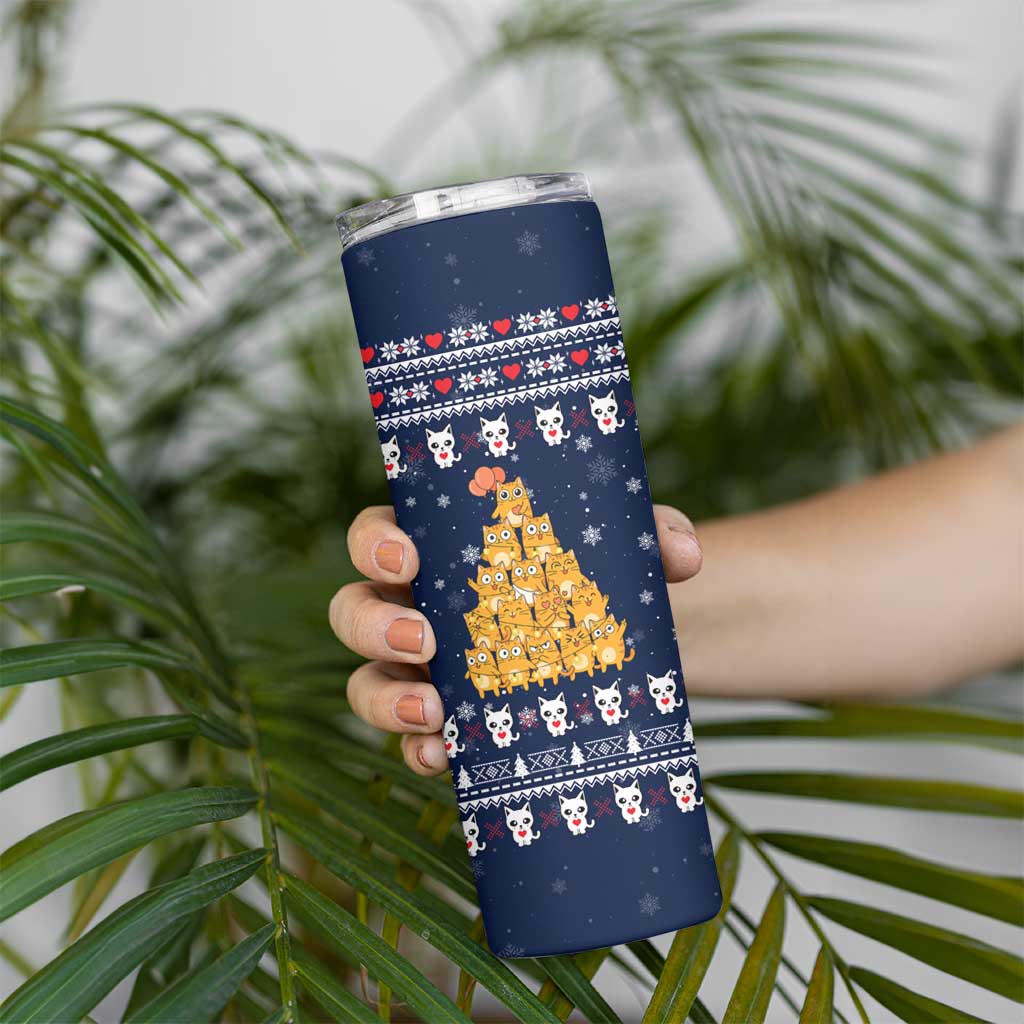 Meowy Catmas Skinny Tumbler with Orange Cats Christmas Tree and Snowflake Pattern Design - Wonder Print Shop
