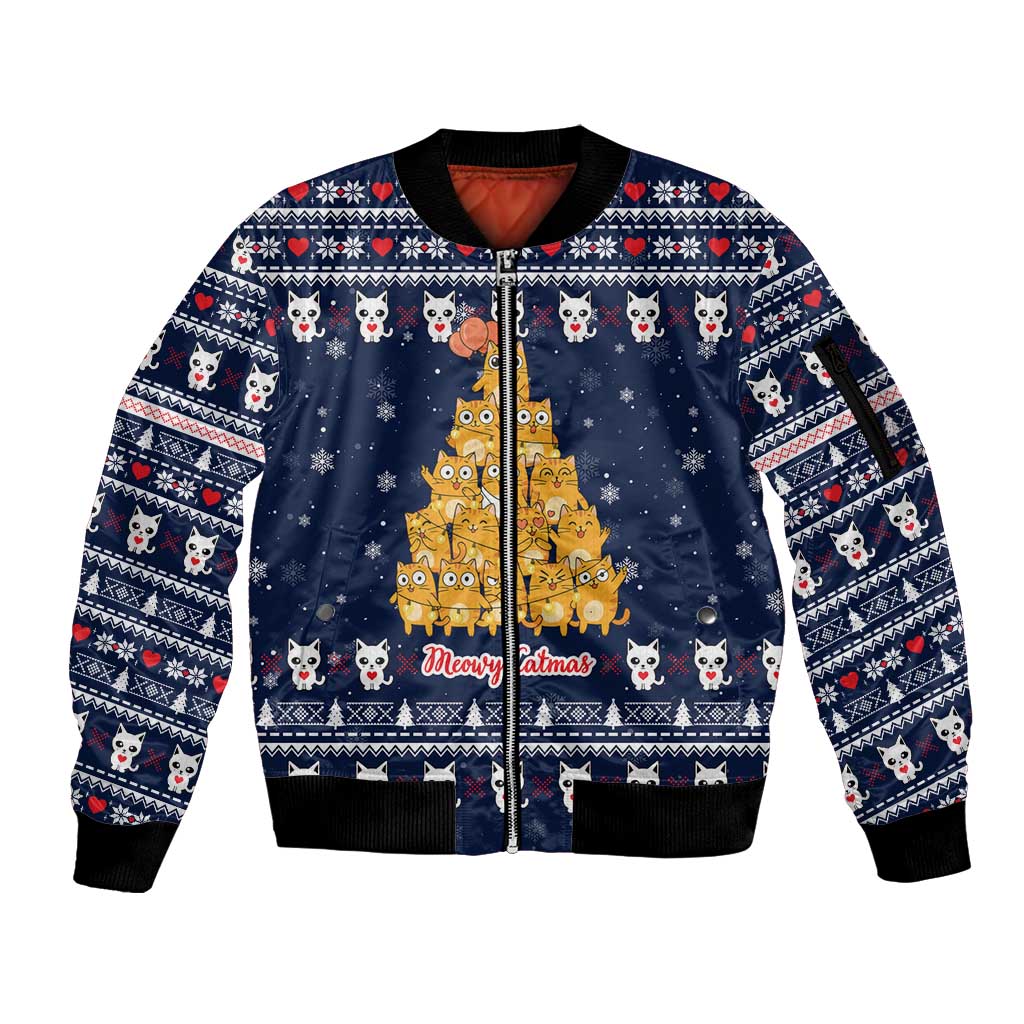 Meowy Catmas Sleeve Zip Bomber Jacket with Orange Cats Christmas Tree and Snowflake Pattern Design - Wonder Print Shop