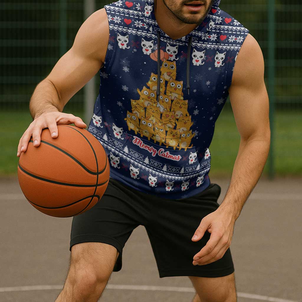 Meowy Catmas Sleeveless Hoodie with Orange Cats Christmas Tree and Snowflake Pattern Design - Wonder Print Shop