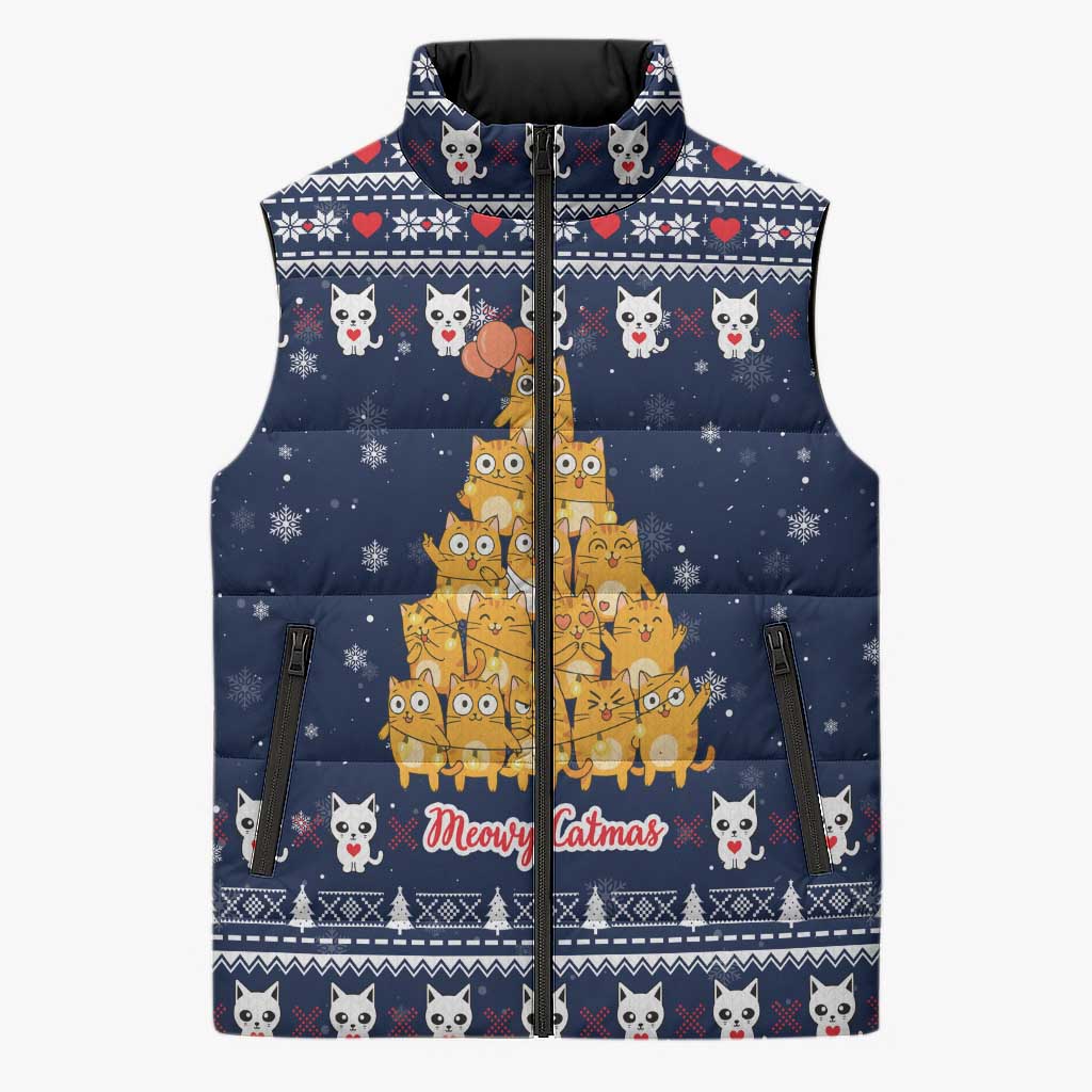 Meowy Catmas Sleeveless Puffer Jacket with Orange Cats Christmas Tree and Snowflake Pattern Design - Wonder Print Shop
