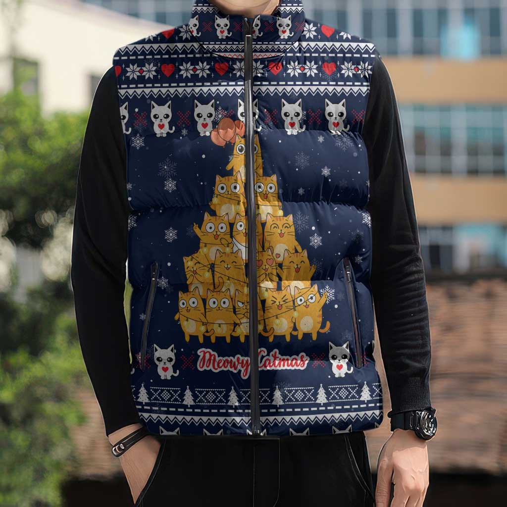 Meowy Catmas Sleeveless Puffer Jacket with Orange Cats Christmas Tree and Snowflake Pattern Design - Wonder Print Shop