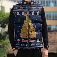 Meowy Catmas Sleeveless Puffer Jacket with Orange Cats Christmas Tree and Snowflake Pattern Design - Wonder Print Shop