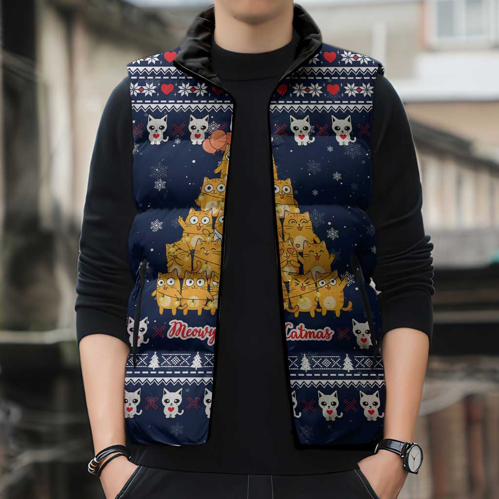 Meowy Catmas Sleeveless Puffer Jacket with Orange Cats Christmas Tree and Snowflake Pattern Design - Wonder Print Shop
