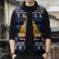 Meowy Catmas Sleeveless Puffer Jacket with Orange Cats Christmas Tree and Snowflake Pattern Design - Wonder Print Shop