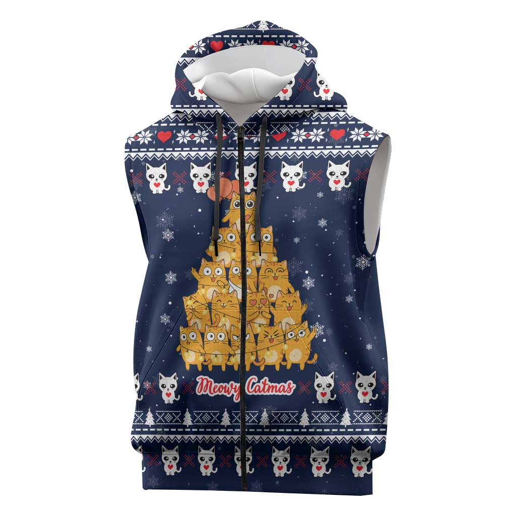 Meowy Catmas Sleeveless Zip Hoodie with Orange Cats Christmas Tree and Snowflake Pattern Design - Wonder Print Shop