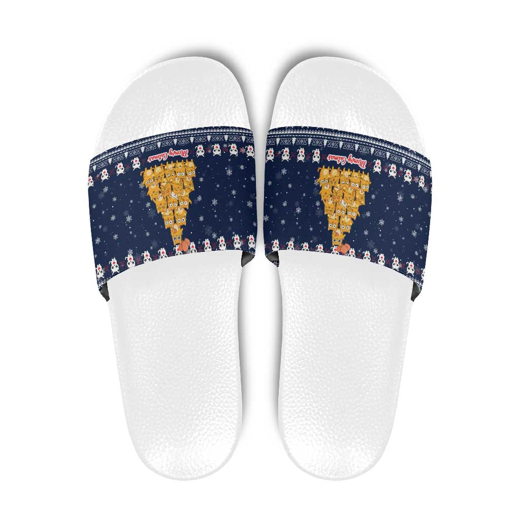 Meowy Catmas Slide Sandals with Orange Cats Christmas Tree and Snowflake Pattern Design - Wonder Print Shop