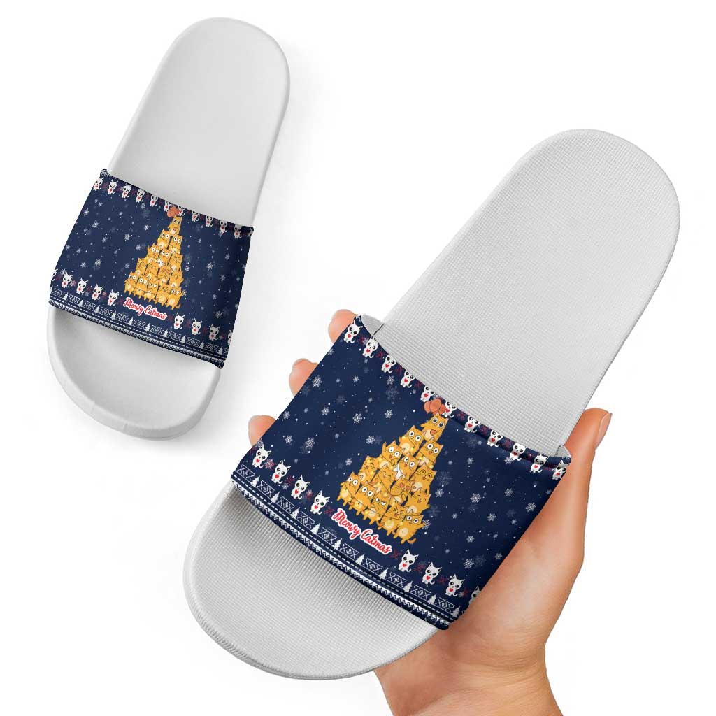 Meowy Catmas Slide Sandals with Orange Cats Christmas Tree and Snowflake Pattern Design - Wonder Print Shop