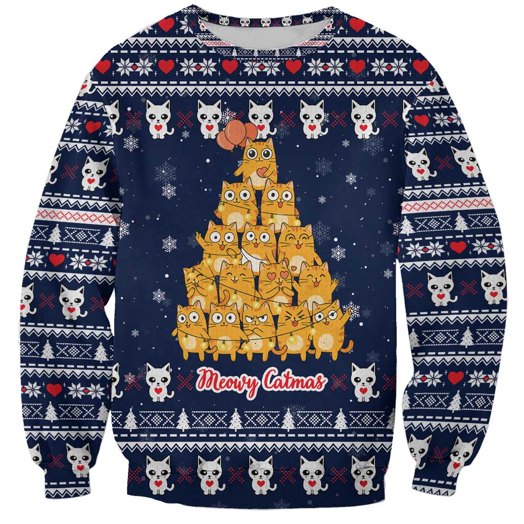 Meowy Catmas Sweatshirt with Orange Cats Christmas Tree and Snowflake Pattern Design - Wonder Print Shop