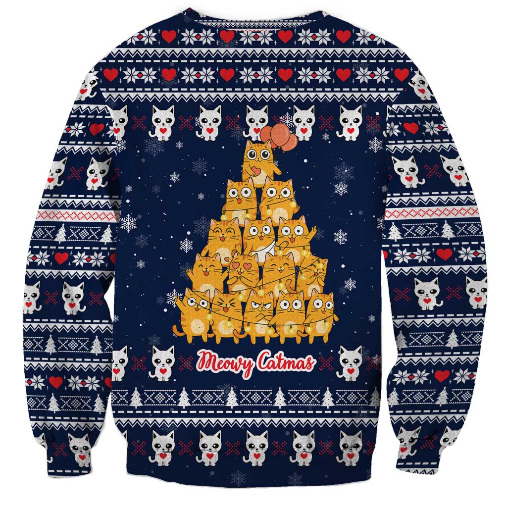 Meowy Catmas Sweatshirt with Orange Cats Christmas Tree and Snowflake Pattern Design - Wonder Print Shop