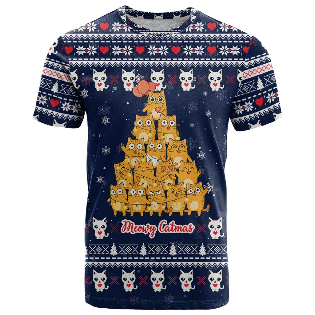 Meowy Catmas T Shirt with Orange Cats Christmas Tree and Snowflake Pattern Design - Wonder Print Shop