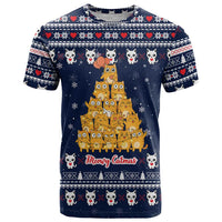 Meowy Catmas T Shirt with Orange Cats Christmas Tree and Snowflake Pattern Design - Wonder Print Shop