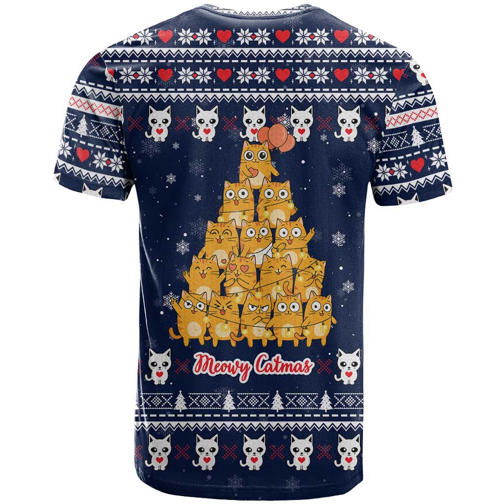 Meowy Catmas T Shirt with Orange Cats Christmas Tree and Snowflake Pattern Design - Wonder Print Shop