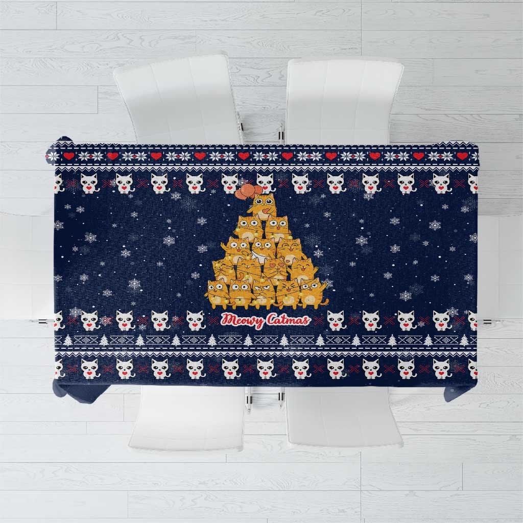 Meowy Catmas Tablecloth with Orange Cats Christmas Tree and Snowflake Pattern Design - Wonder Print Shop