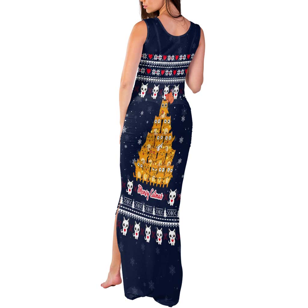 Meowy Catmas Tank Maxi Dress with Orange Cats Christmas Tree and Snowflake Pattern Design - Wonder Print Shop