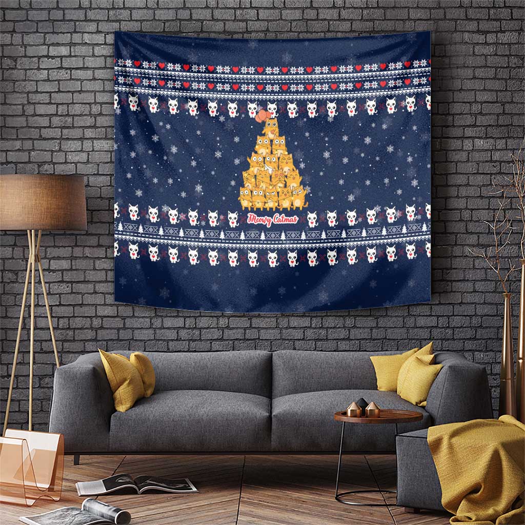 Meowy Catmas Tapestry with Orange Cats Christmas Tree and Snowflake Pattern Design - Wonder Print Shop