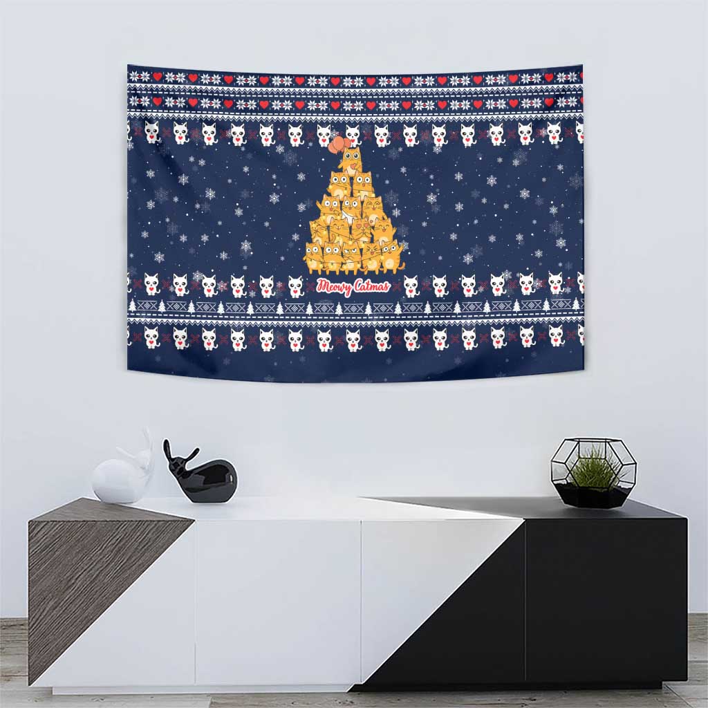 Meowy Catmas Tapestry with Orange Cats Christmas Tree and Snowflake Pattern Design - Wonder Print Shop