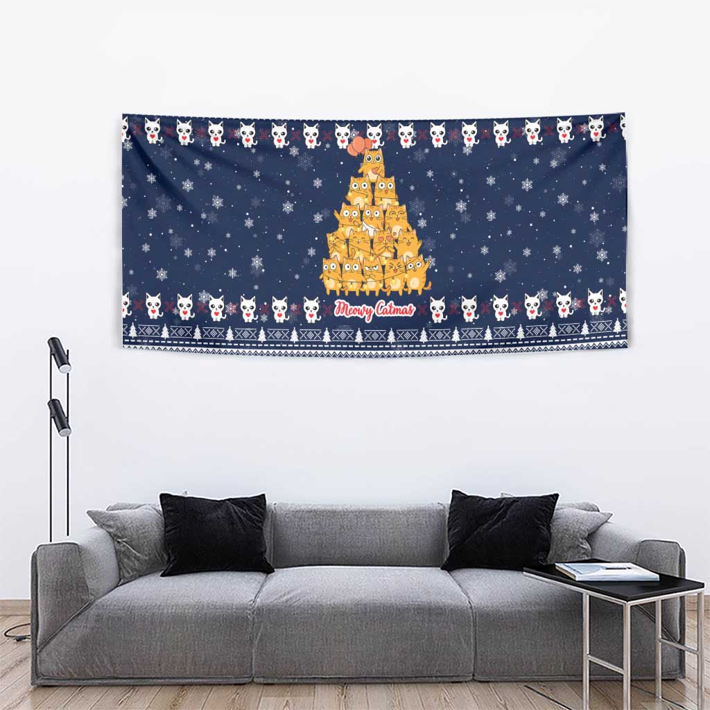 Meowy Catmas Tapestry with Orange Cats Christmas Tree and Snowflake Pattern Design - Wonder Print Shop