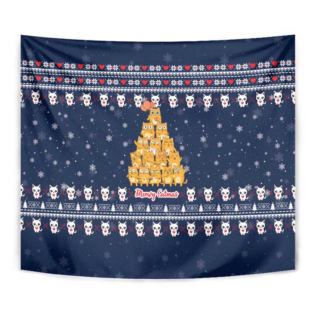 Meowy Catmas Tapestry with Orange Cats Christmas Tree and Snowflake Pattern Design - Wonder Print Shop