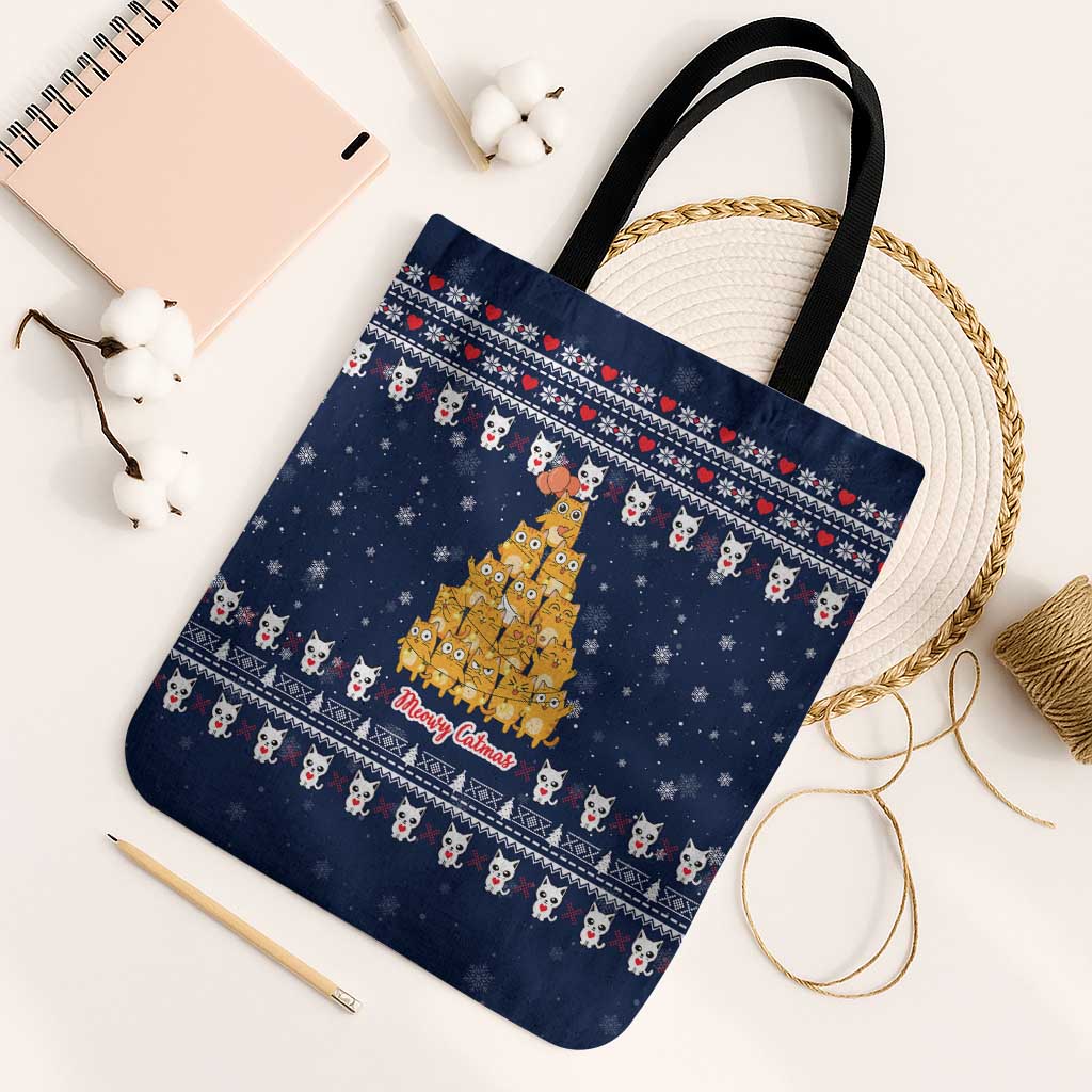 Meowy Catmas Tote Bag with Orange Cats Christmas Tree and Snowflake Pattern Design - Wonder Print Shop