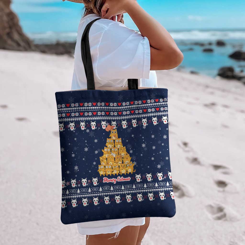 Meowy Catmas Tote Bag with Orange Cats Christmas Tree and Snowflake Pattern Design - Wonder Print Shop