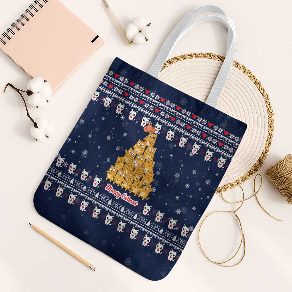 Meowy Catmas Tote Bag with Orange Cats Christmas Tree and Snowflake Pattern Design - Wonder Print Shop