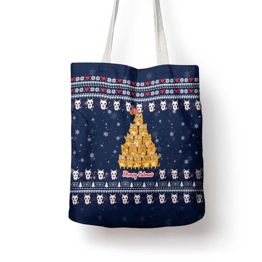 Meowy Catmas Tote Bag with Orange Cats Christmas Tree and Snowflake Pattern Design - Wonder Print Shop
