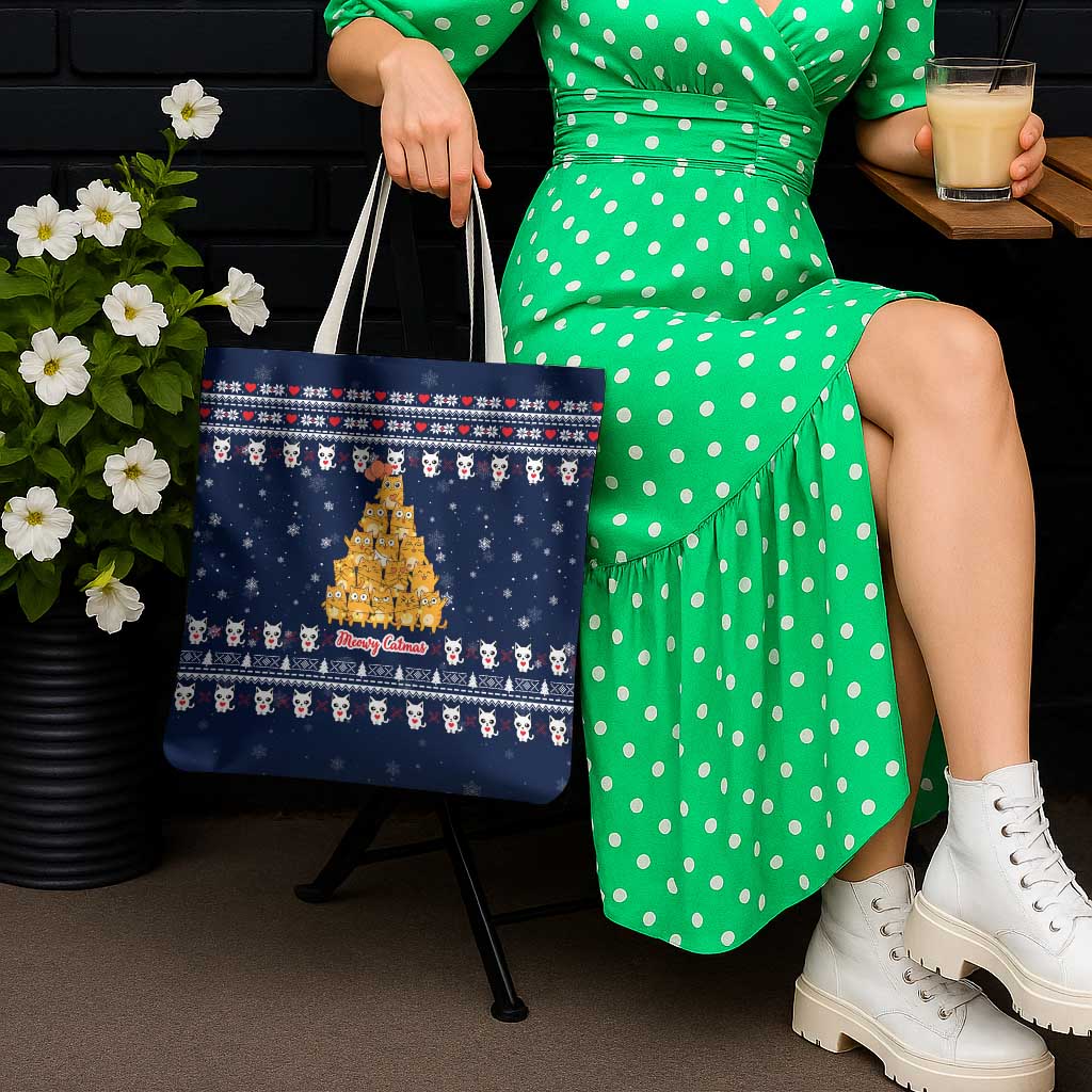 Meowy Catmas Tote Bag with Orange Cats Christmas Tree and Snowflake Pattern Design - Wonder Print Shop