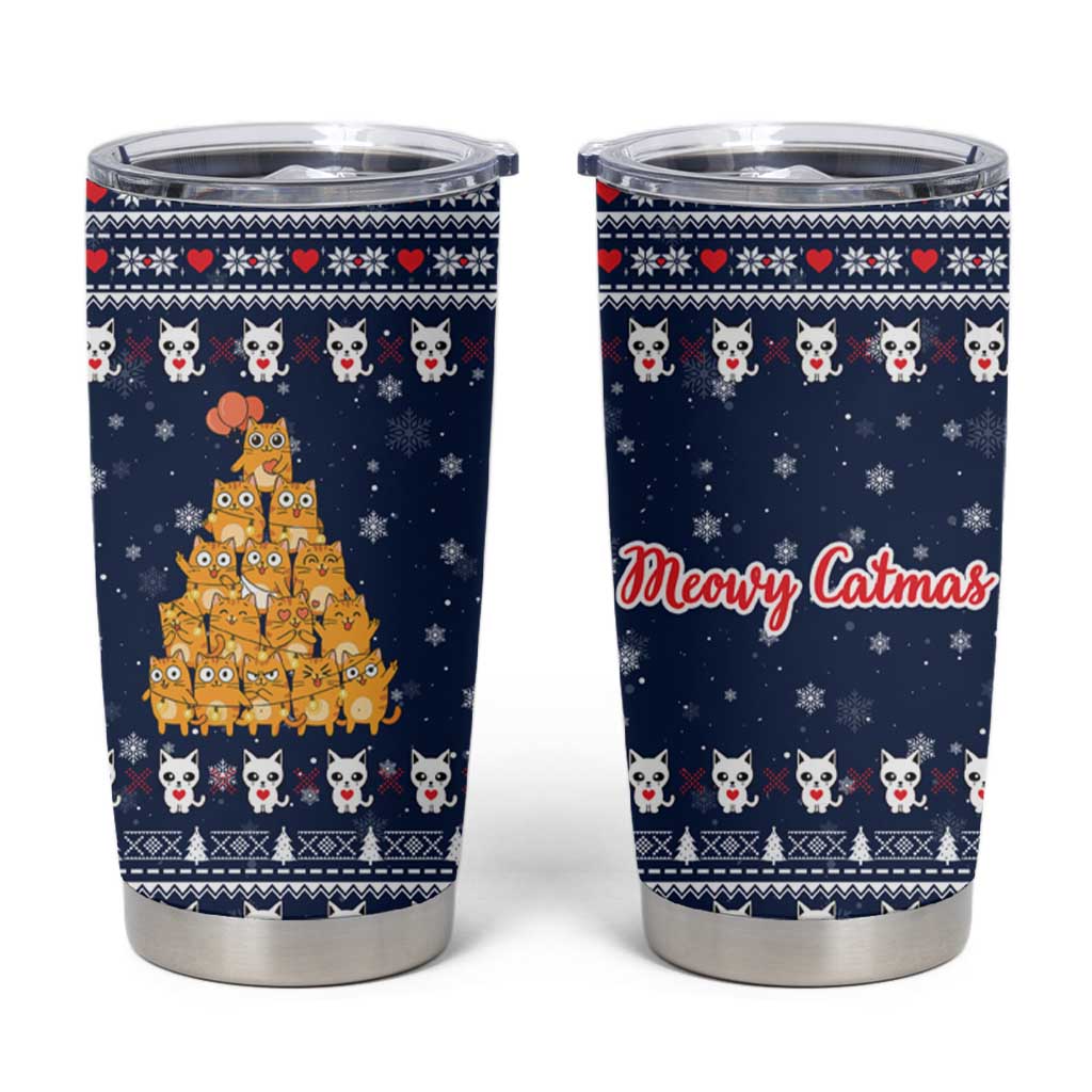 Meowy Catmas Tumbler Cup with Orange Cats Christmas Tree and Snowflake Pattern Design - Wonder Print Shop
