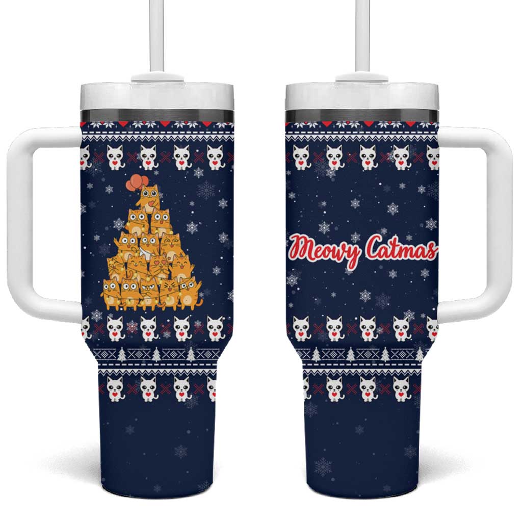 Meowy Catmas Tumbler With Handle with Orange Cats Christmas Tree and Snowflake Pattern Design - Wonder Print Shop