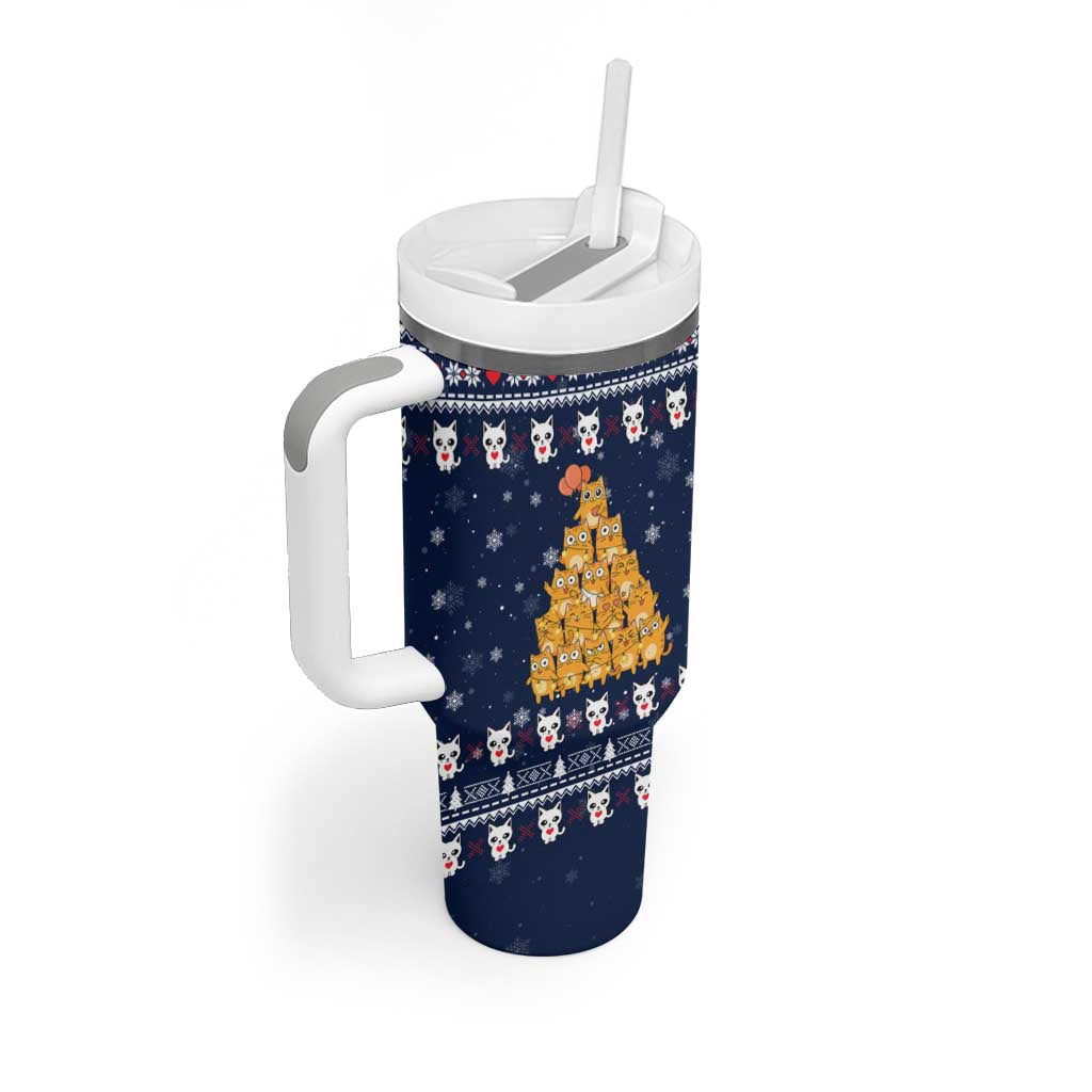 Meowy Catmas Tumbler With Handle with Orange Cats Christmas Tree and Snowflake Pattern Design - Wonder Print Shop