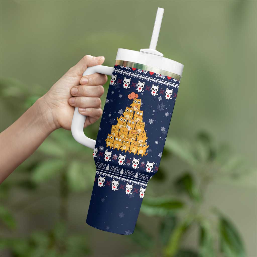 Meowy Catmas Tumbler With Handle with Orange Cats Christmas Tree and Snowflake Pattern Design - Wonder Print Shop