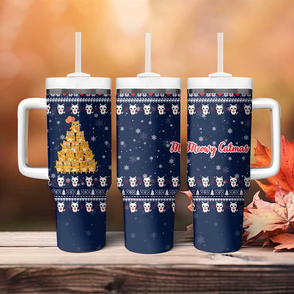 Meowy Catmas Tumbler With Handle with Orange Cats Christmas Tree and Snowflake Pattern Design - Wonder Print Shop