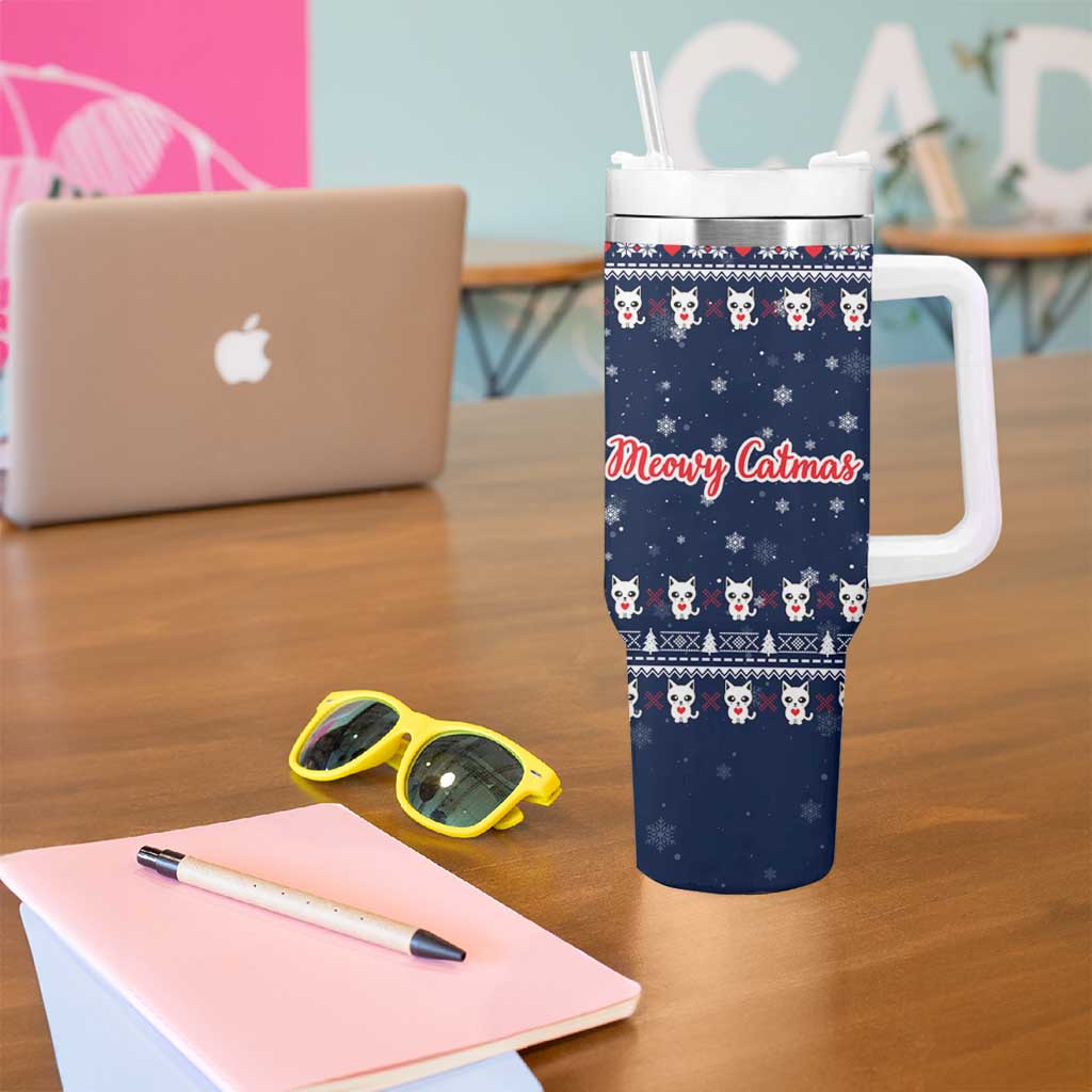 Meowy Catmas Tumbler With Handle with Orange Cats Christmas Tree and Snowflake Pattern Design - Wonder Print Shop