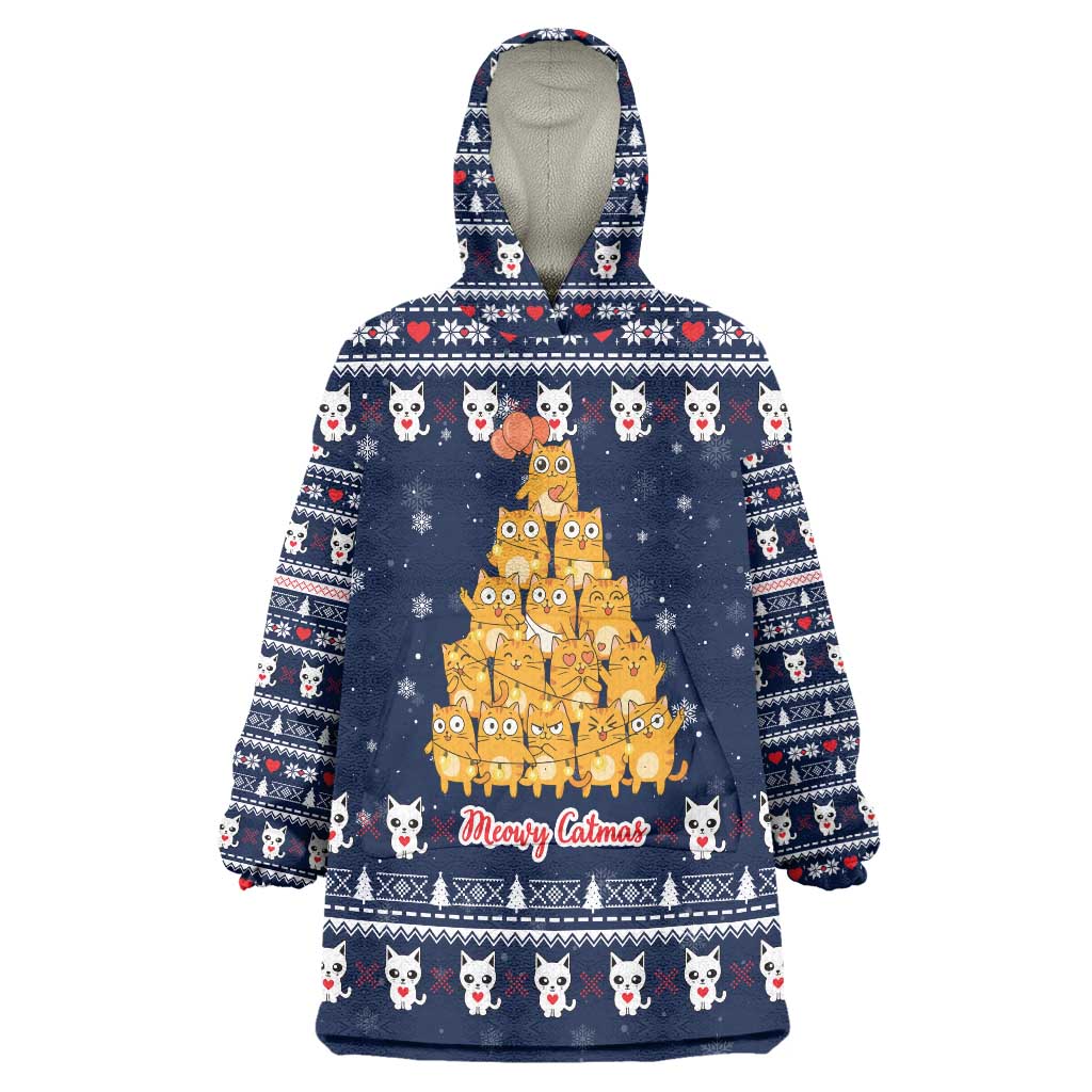 Meowy Catmas Wearable Blanket Hoodie with Orange Cats Christmas Tree and Snowflake Pattern Design - Wonder Print Shop