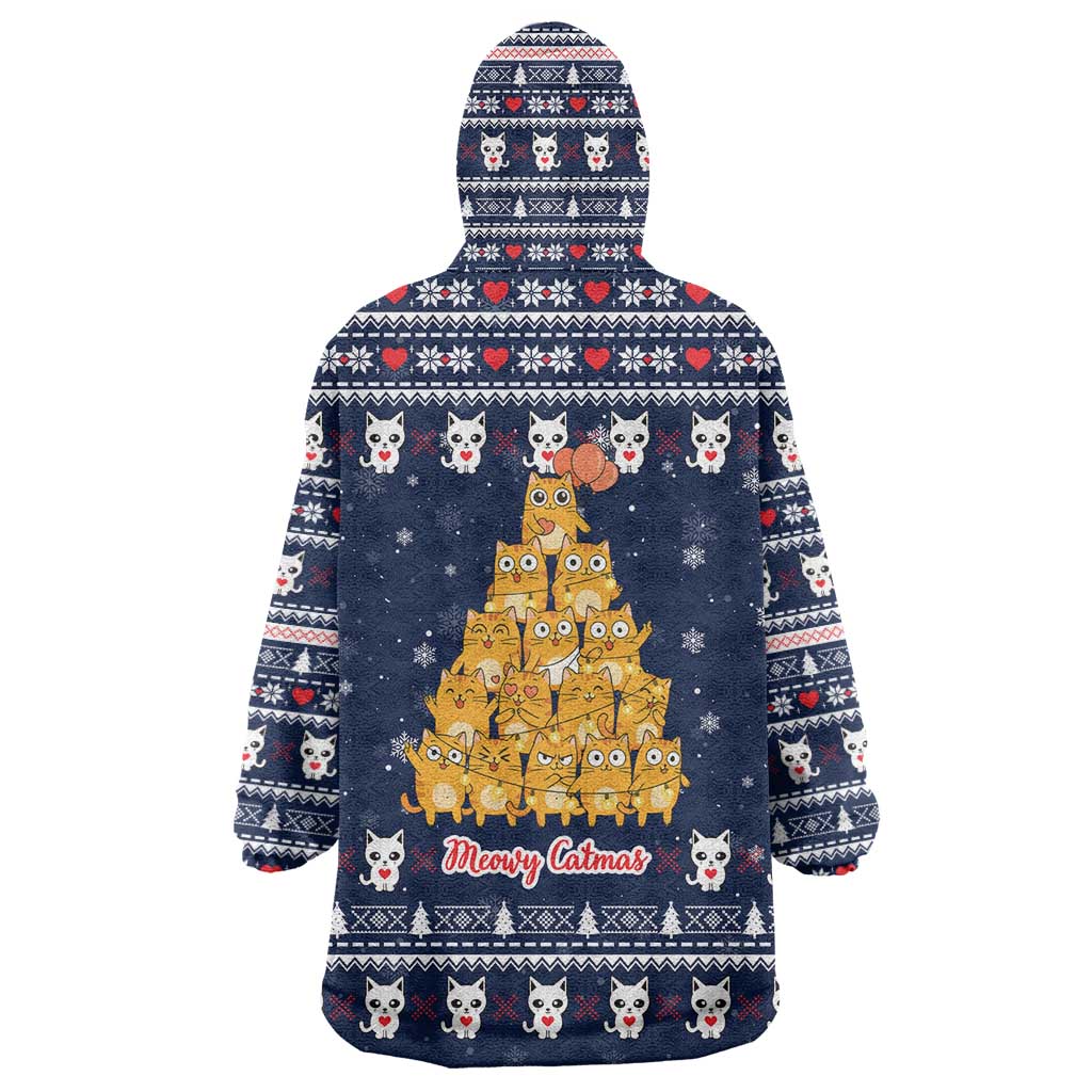 Meowy Catmas Wearable Blanket Hoodie with Orange Cats Christmas Tree and Snowflake Pattern Design - Wonder Print Shop
