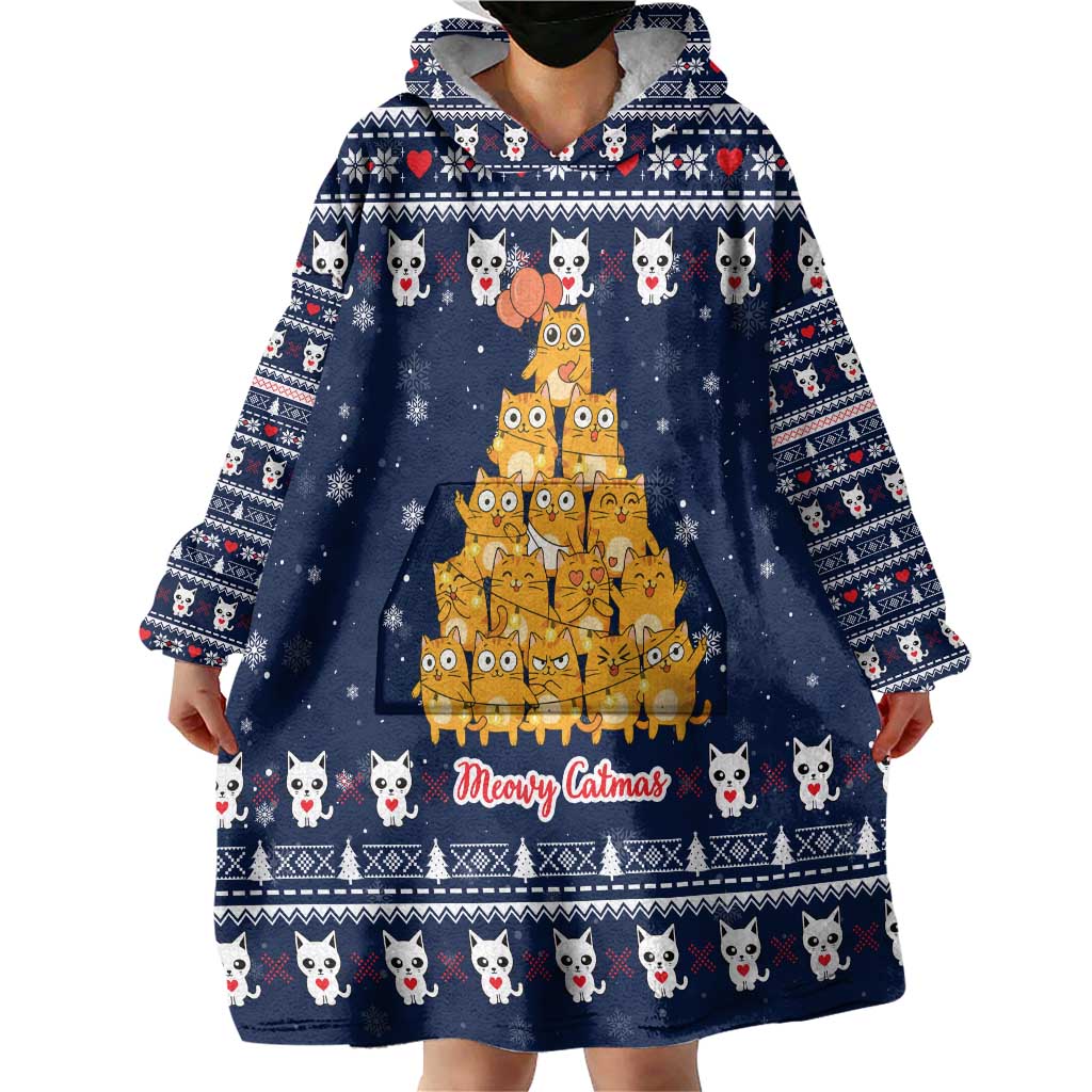 Meowy Catmas Wearable Blanket Hoodie with Orange Cats Christmas Tree and Snowflake Pattern Design - Wonder Print Shop