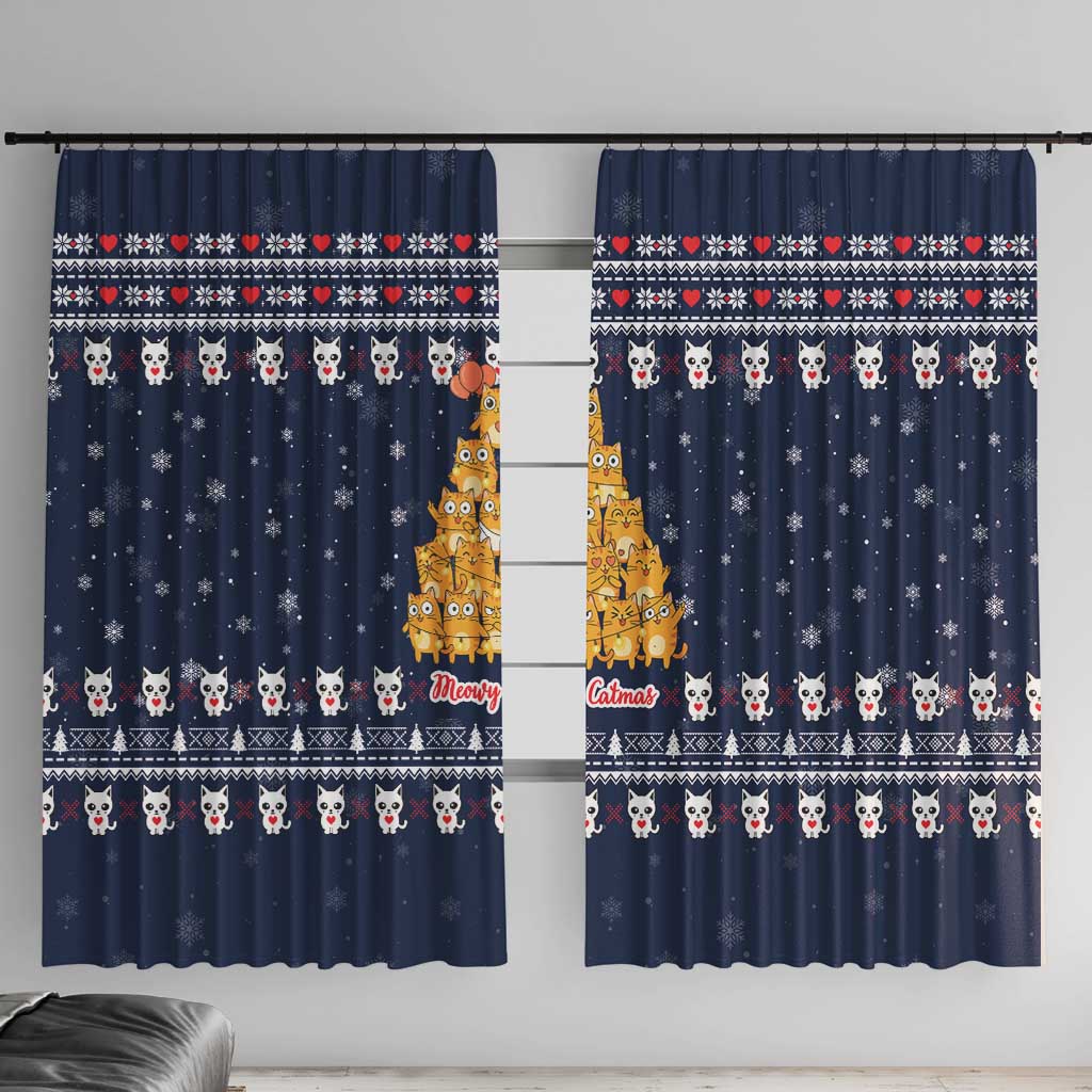 Meowy Catmas Window Curtain with Orange Cats Christmas Tree and Snowflake Pattern Design - Wonder Print Shop