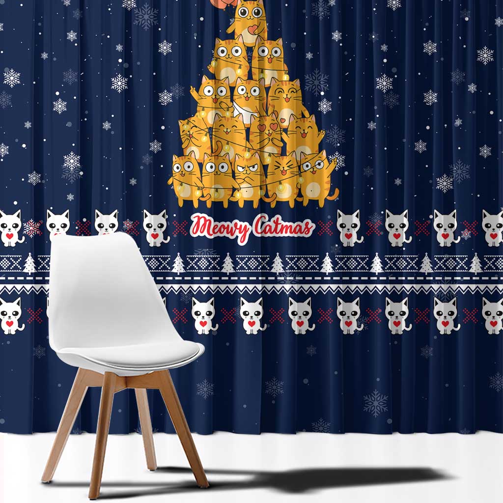 Meowy Catmas Window Curtain with Orange Cats Christmas Tree and Snowflake Pattern Design - Wonder Print Shop