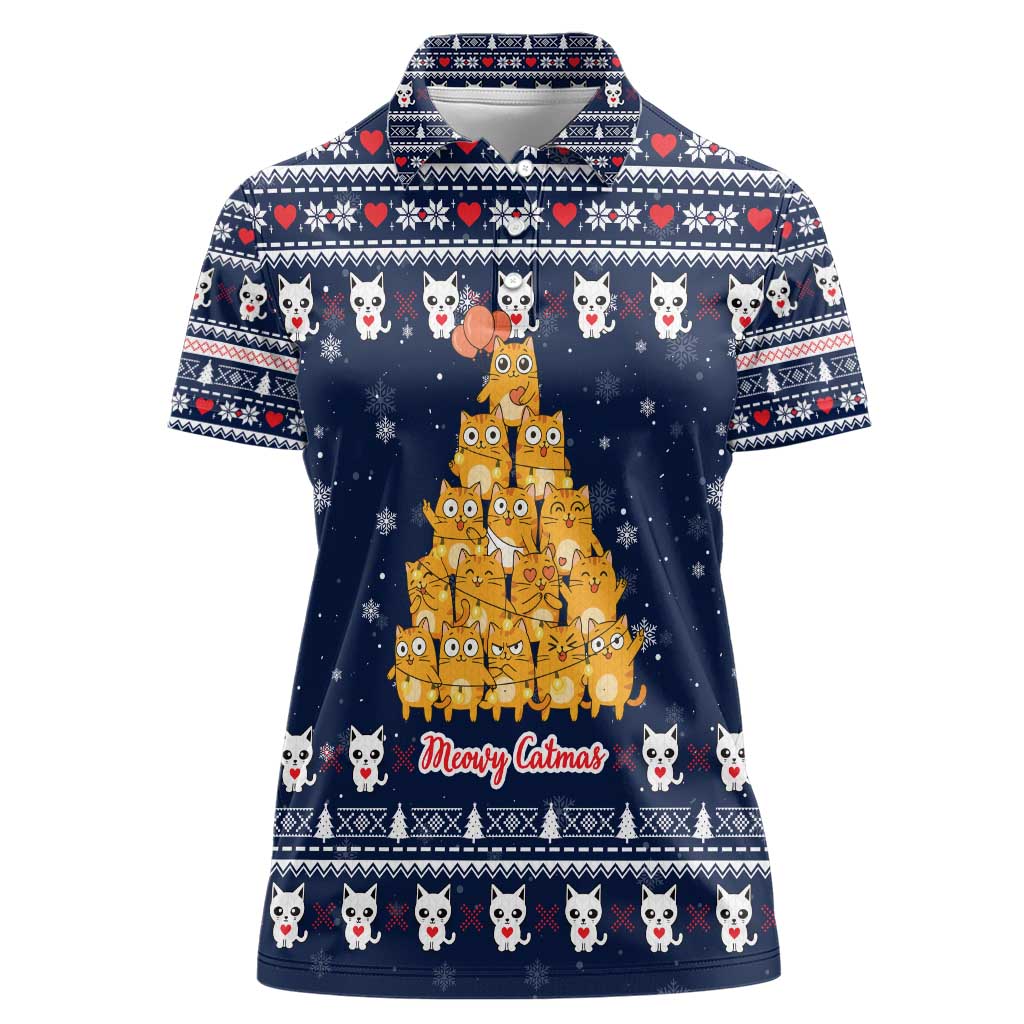 Meowy Catmas Women Polo Shirt with Orange Cats Christmas Tree and Snowflake Pattern Design - Wonder Print Shop