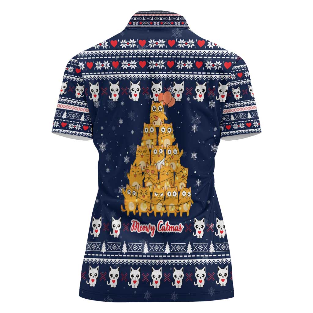 Meowy Catmas Women Polo Shirt with Orange Cats Christmas Tree and Snowflake Pattern Design - Wonder Print Shop