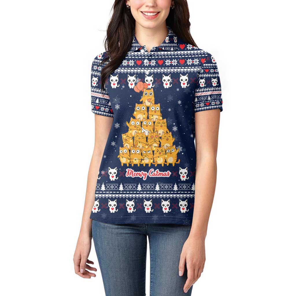 Meowy Catmas Women Polo Shirt with Orange Cats Christmas Tree and Snowflake Pattern Design - Wonder Print Shop