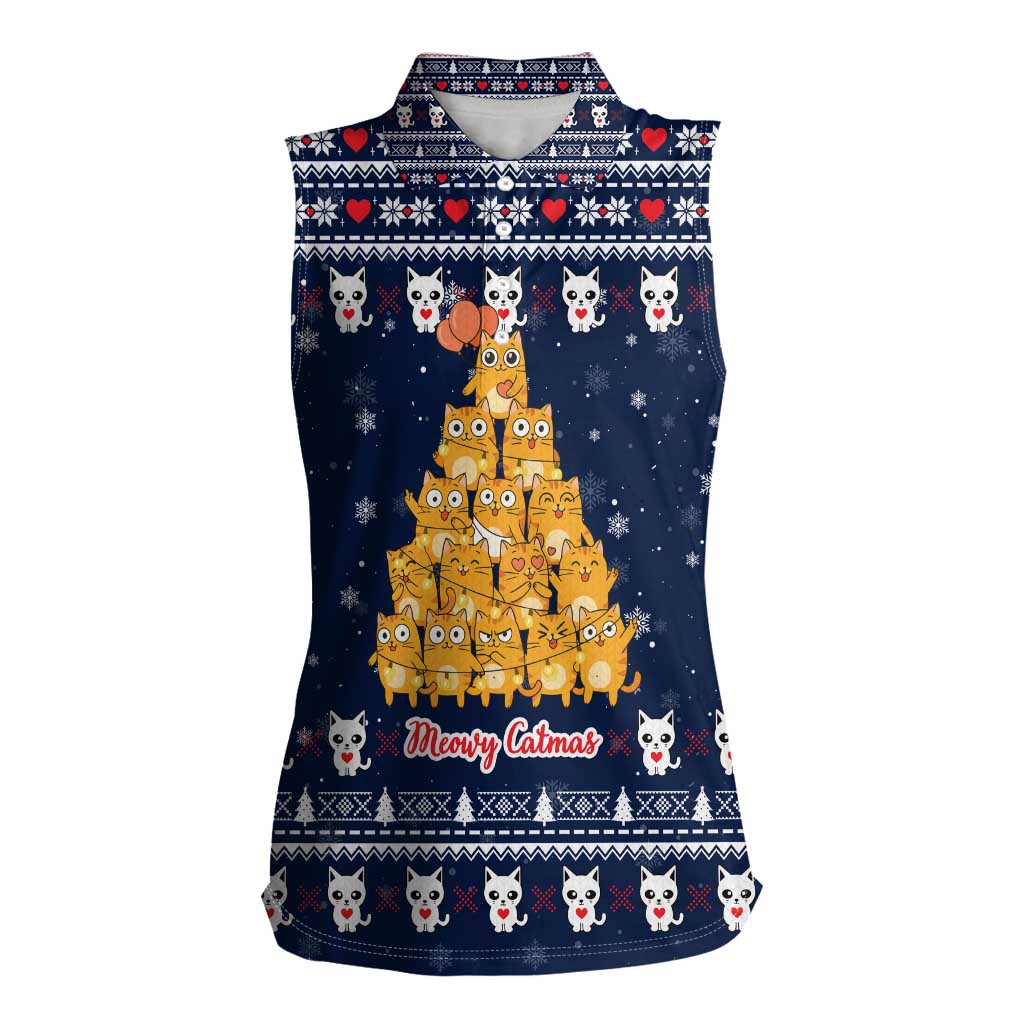 Meowy Catmas Women Sleeveless Polo Shirt with Orange Cats Christmas Tree and Snowflake Pattern Design - Wonder Print Shop