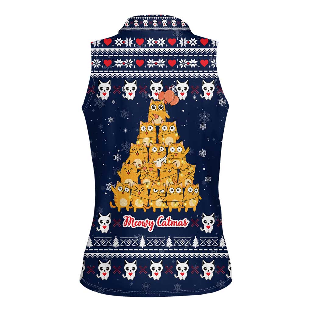 Meowy Catmas Women Sleeveless Polo Shirt with Orange Cats Christmas Tree and Snowflake Pattern Design - Wonder Print Shop