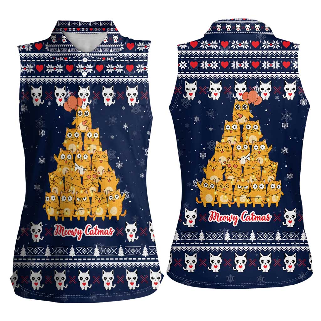 Meowy Catmas Women Sleeveless Polo Shirt with Orange Cats Christmas Tree and Snowflake Pattern Design - Wonder Print Shop