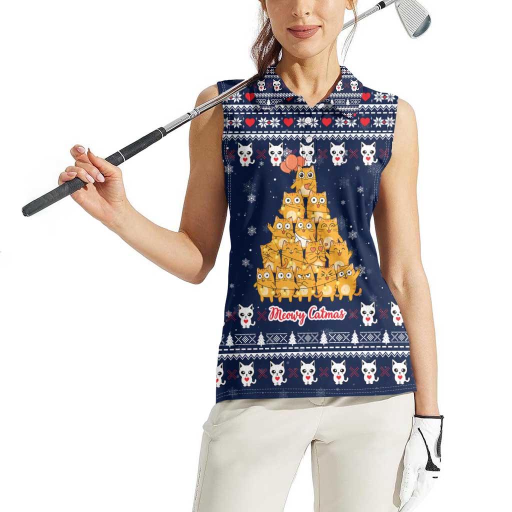 Meowy Catmas Women Sleeveless Polo Shirt with Orange Cats Christmas Tree and Snowflake Pattern Design - Wonder Print Shop