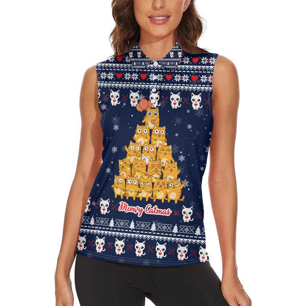 Meowy Catmas Women Sleeveless Polo Shirt with Orange Cats Christmas Tree and Snowflake Pattern Design - Wonder Print Shop
