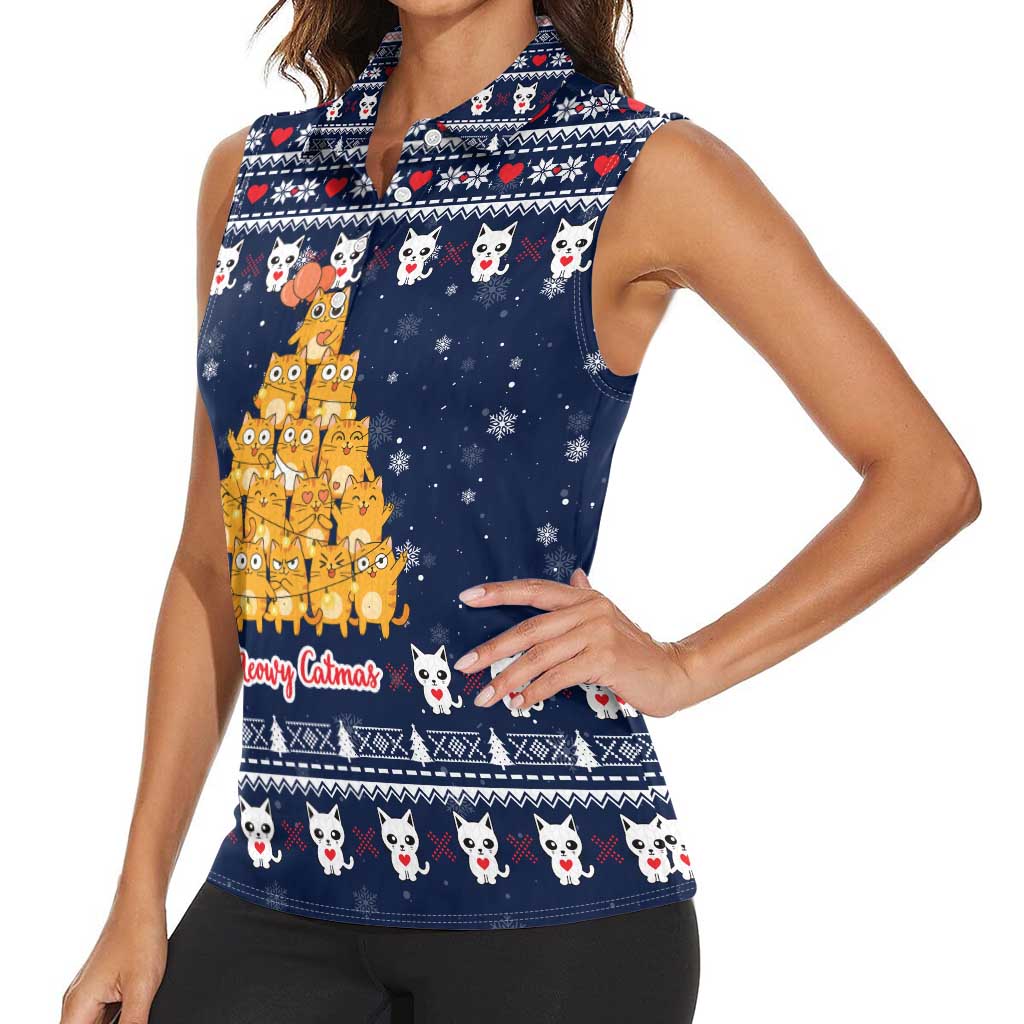 Meowy Catmas Women Sleeveless Polo Shirt with Orange Cats Christmas Tree and Snowflake Pattern Design - Wonder Print Shop